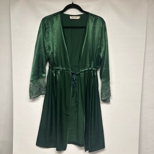Natori Deep Green Satin Robe with Lace Accents